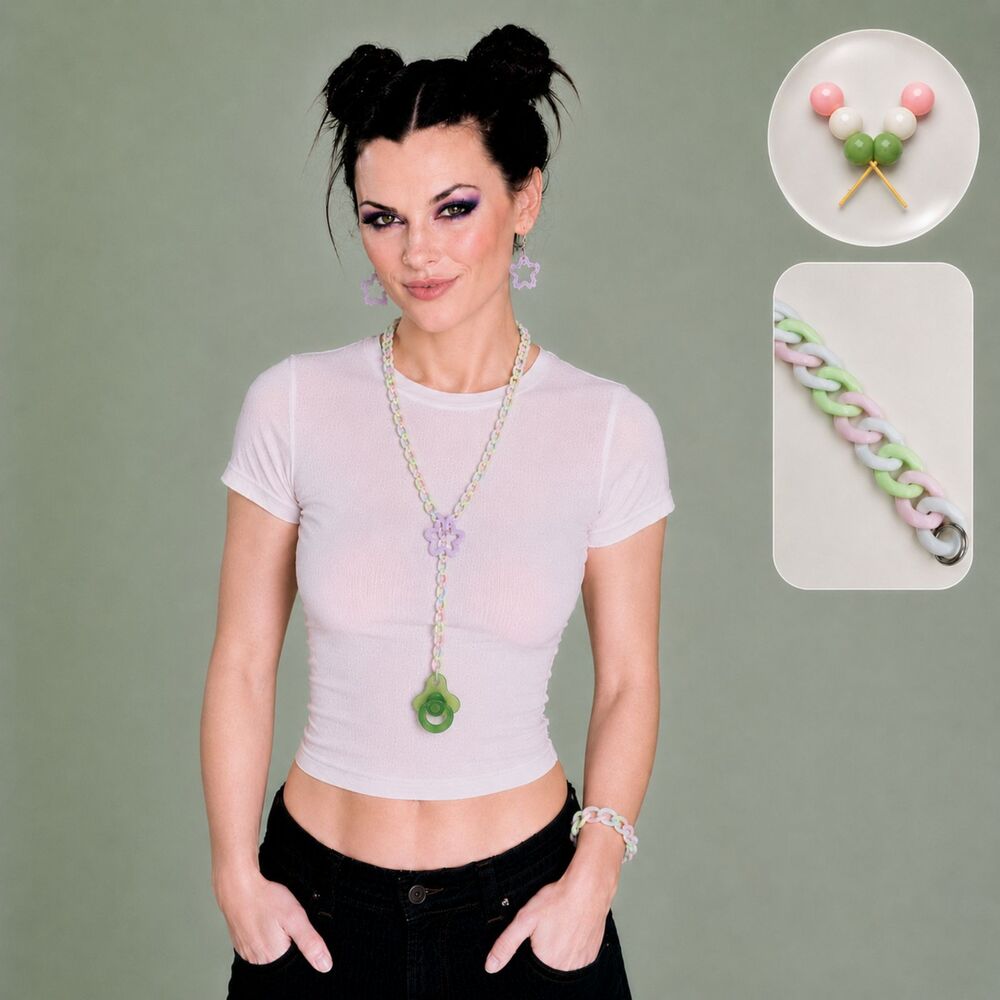 (Hanami Dango) Kandi Rave 3pc set lariat drop star necklace, earrings